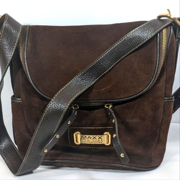 Maxx New York Signature Brown Suede Leather Shoulder Bag And Matching Wristlet - Picture 2 of 13